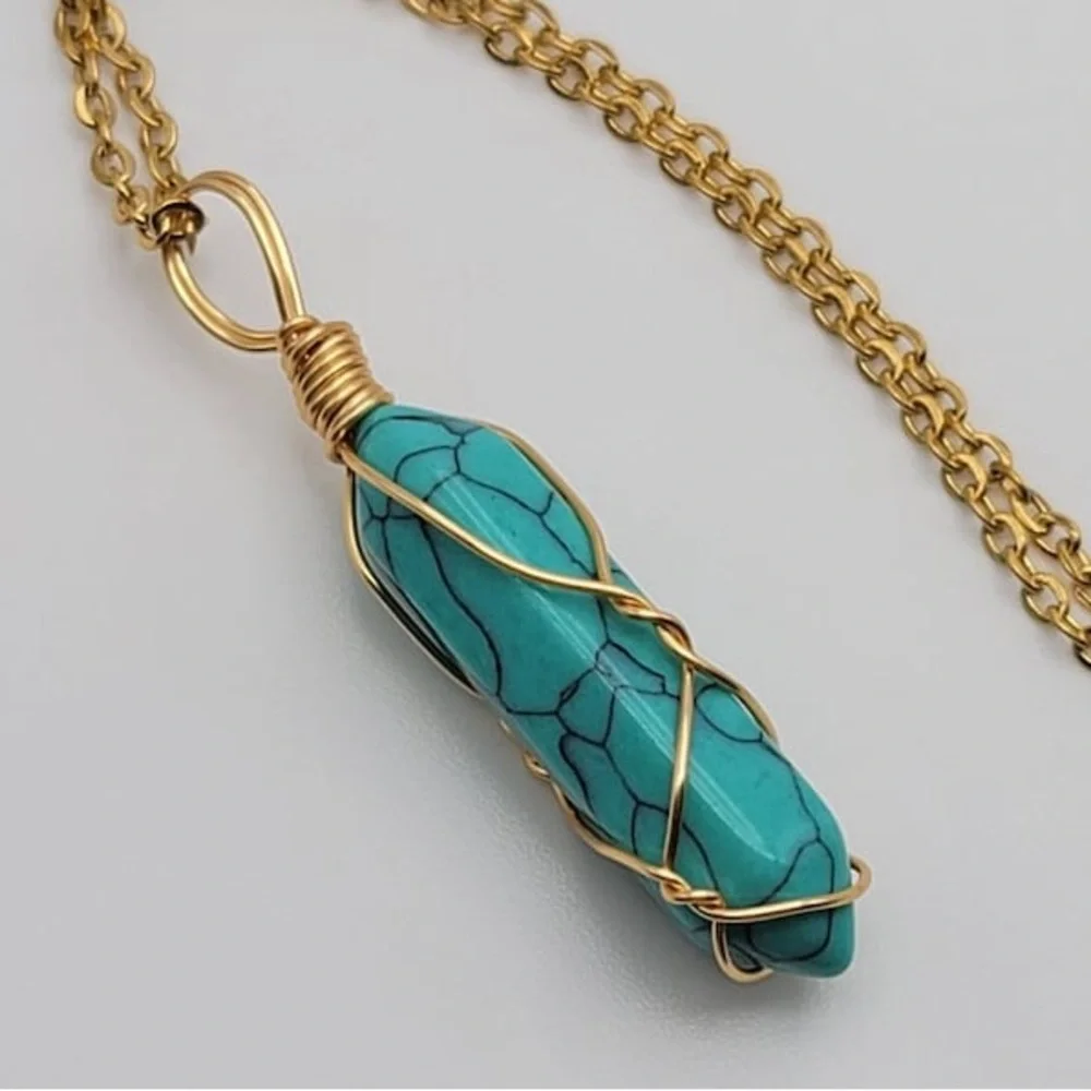 New Handmade Blue Howlite 10k Gold Wire Wrapped S925 Silver Amulett Necklace